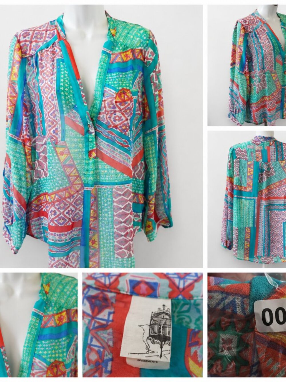 Francesca Women’s Multicolor Geometric Print Boho Tunic Blouse Long Sleeve.